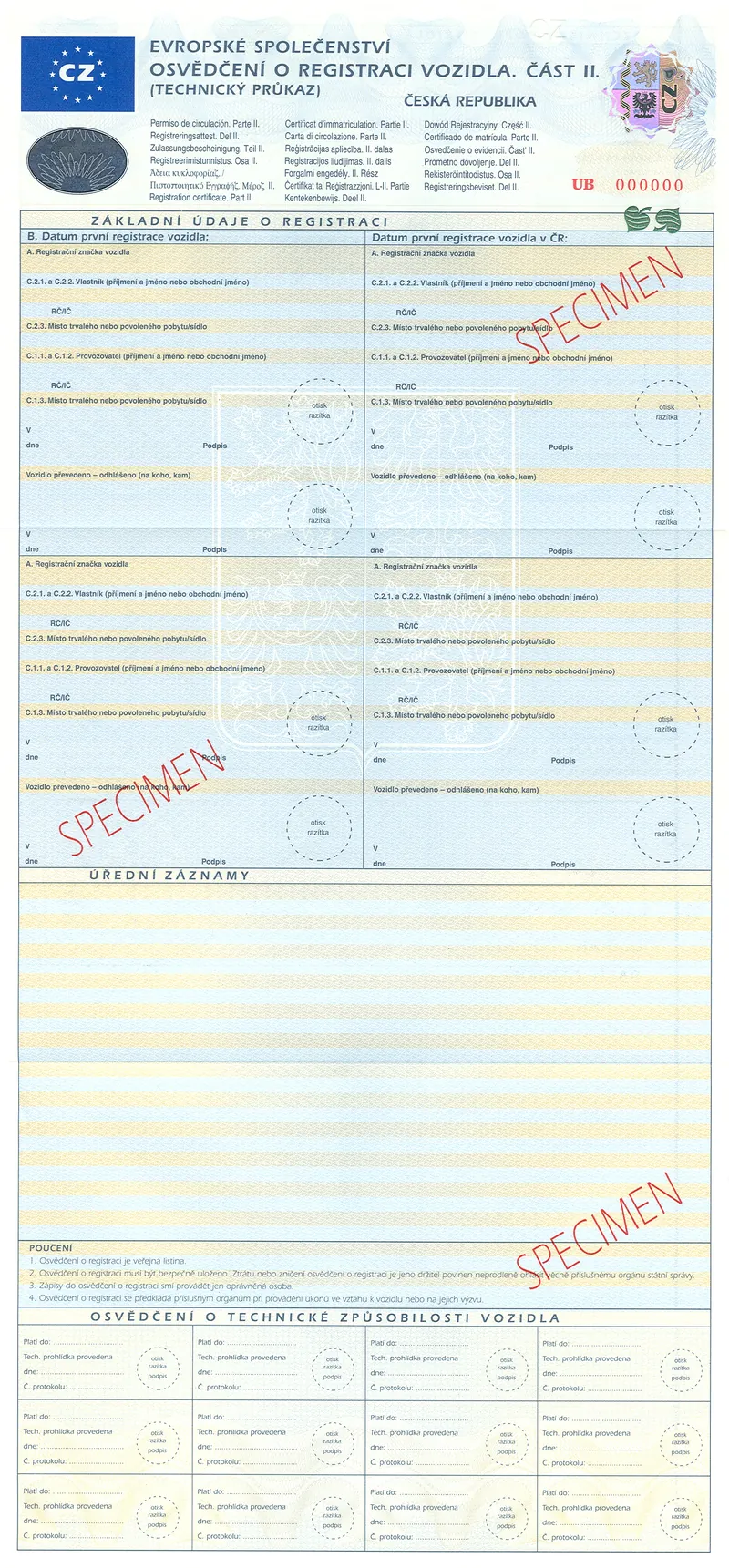 Osvědčení o registraci vozidla Část II. - přední strana